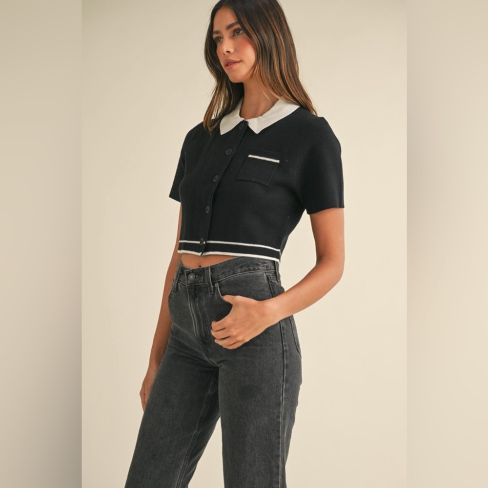MABLE Button Down Contrast Collared Knit Cardigan - Picture 5 of 5